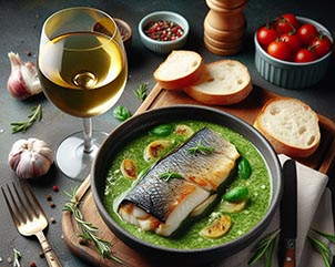 Un plato con merluza en salsa verde, una copa de vino y pan